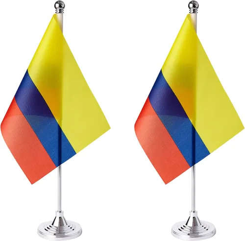 ZXvZYT Paquete de 2 banderas de mesa colombianas con base de soporte, decoración de eventos de festivales internacionales, decoración de oficina en