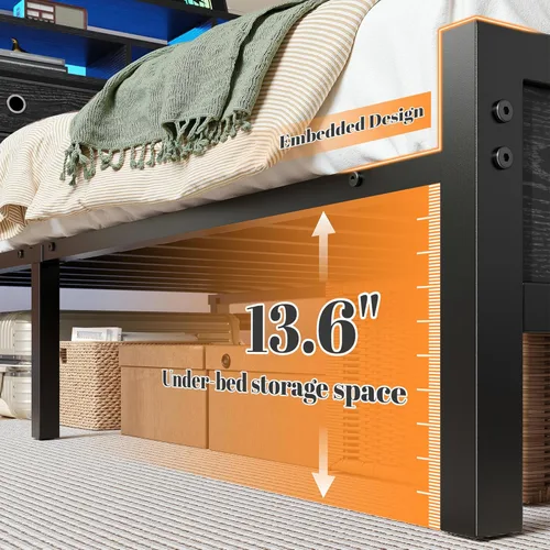 Miniatura 6 de Homkdom Base de cama de tamaño matrimonial con cabecera de almacenamiento de 3 niveles y 4 cajones, marco de cama matrimonial con luces LED