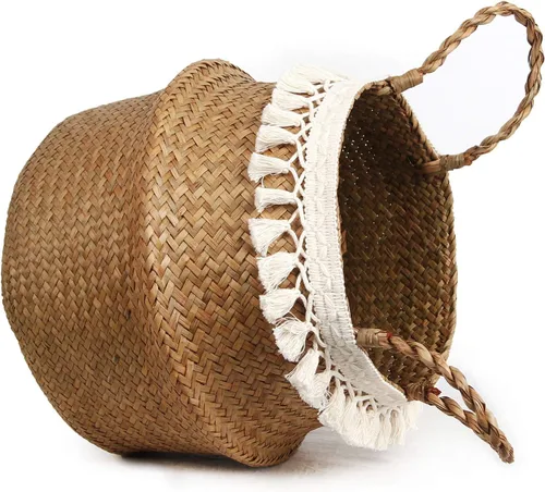 Miniatura 3 de Canasta Tejida Boho de Pasto Marino para Almacenamiento, Canasta para Plantas o Juguetes, para la Sala o el Baño (Grande, Beige)