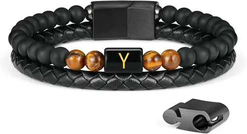 Miniatura 74 de LUXEJEW Regalo Navidad para hombre, brazalete de cuero con cuentas, con letra inicial nombre, 15/64 de pulgada, ágata mate, hecho a mano, ajustable