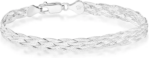 Miabella 925 Sterling Silver Italian 6-Strand Diamond-Cut 7mm Braided Herringbone Chain Bracelet for Women Teen Girls, 925 Italy