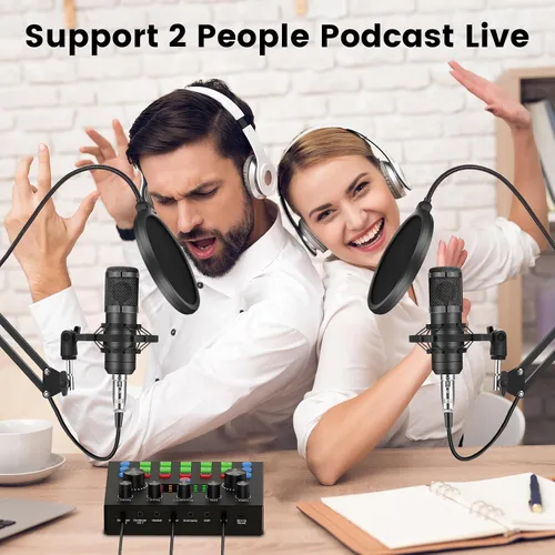 Miniatura 2 de Brvomussy Paquete de equipo de podcast para 2, interfaz de audio con micrófonos condensadores con cambiador de voz para jugadores, mezclador