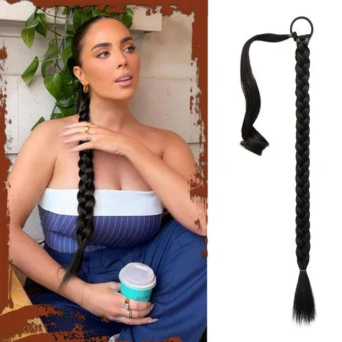 Miniatura 19 de Sofeiyan Extensión de cola de caballo de trenza larga con banda para el cabello, lacio, elegante, envolvente, extensiones de cabello trenzado, cola