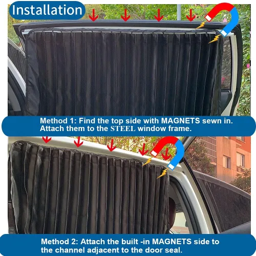 Miniatura 5 de Ovege Parasol para Ventana Lateral del Automóvil Cortina Plisada Sedosa con Succión Magnética (Negro-Opaco, Asiento Delantero 2pcs)