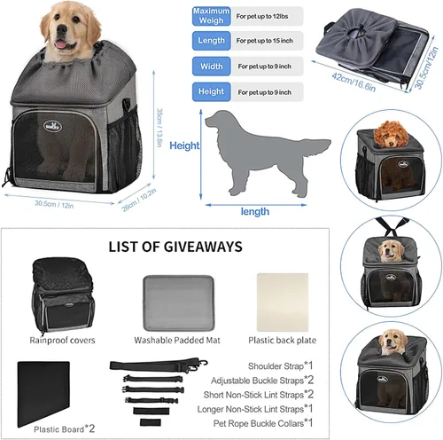 Miniatura 2 de Lixada Cesta de bicicleta para perros plegable y extraíble de 12 x 10.2 x 13.8 pulgadas con cubierta impermeable, mochila multifuncional para perros