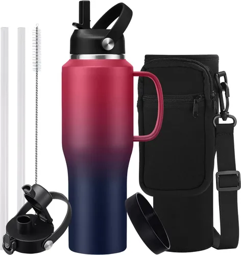 Miniatura 31 de Botella de agua de acero inoxidable de 32 onzas, frío-48 horas y caliente-24 horas, termo con popote y tapas de boquilla, bolsa, botella aislada al