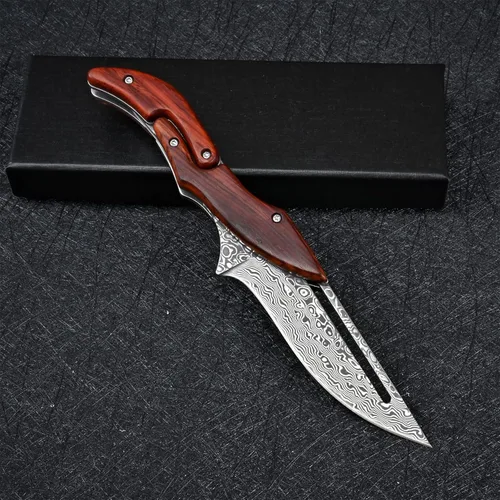 Miniatura 9 de SD604A Cuchillo plegable de Damasco VG10, de bolsillo, mango de sandía amarilla, con cerradura mecánica, para camping al aire libre y supervivencia