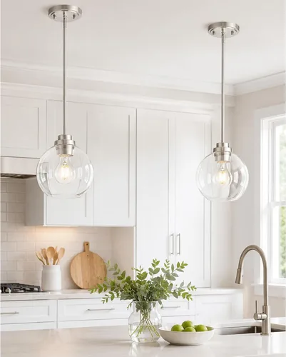 Miniatura 22 de Luces Colgantes de Latón para Isla de Cocina Paquete de 2, Luz Colgante Dorada Estilo Granja con Pantalla de Globo de Vidrio Transparente