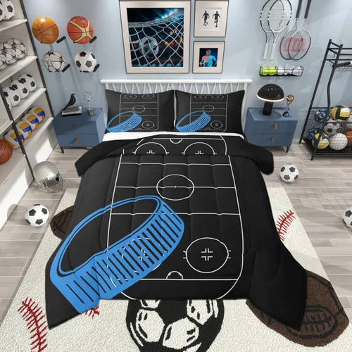 Juego de edredón con estampado de pista de hockey sobre hielo, tamaño individual, juego de edredón con temática de juegos deportivos de pelota para