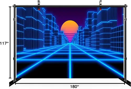 Miniatura 8 de 15x10ft Cyber Landscape Backdrop Blue City Retro Futuristic 80's Neon Cyberpunk Laser Grid Sun Background Comic Game Punk Birthday Wedding Party