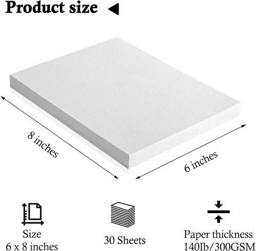 Miniatura 6 de FEITAKE Papel para acuarela 100% algodón prensado en frío / 140 lb (300 g/m²) / Papel de dibujo de arte mixto sin ácidos - Paquete de 30 hojas - 8