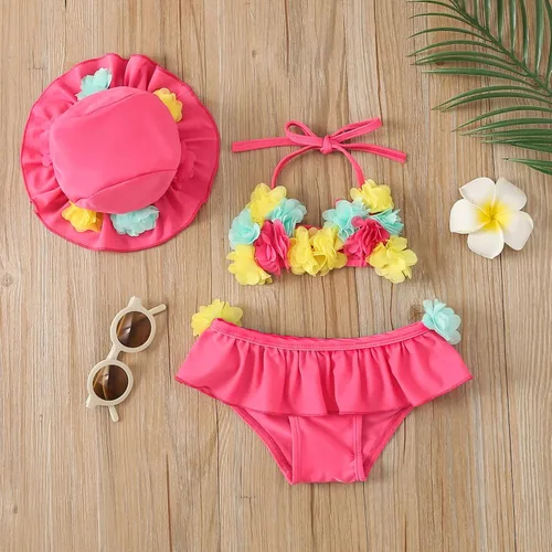 Miniatura 2 de Yccutest Traje de baño de flores para bebé, 3 piezas, parte superior triangular, parte inferior con volantes, sombrero para el sol, conjunto