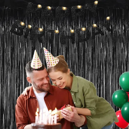 Miniatura 2 de Paquete de 2 telón de fondo negro con flecos para decoraciones de fiesta de cumpleaños