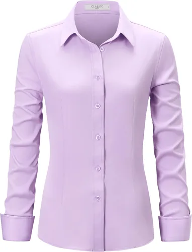 Miniatura 9 de Camisas de vestir para mujer, de manga larga, con botones, elástica, sin arrugas, color liso, casual, para el trabajo, oficina, blusa