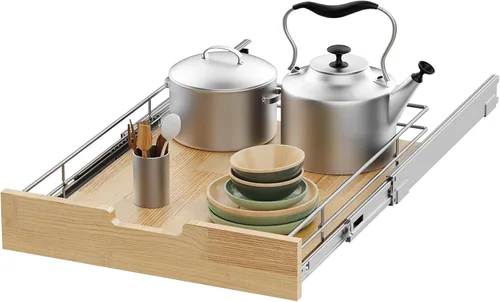 Sikarou Organizador de gabinete extraíble, estante deslizante resistente, cesta de madera y alambre, cajón extraíble para cocina debajo del