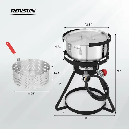 Miniatura 6 de ROVSUN olla para freidora de 10 cuartos con quemador de propano de 55,000 BTU, cesta colador de 6.7 cuartos, termómetro y tapa, olla de aluminio