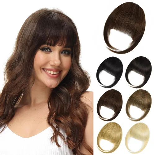 Miniatura 8 de Extensiones de cabello sintético con clip, flequillo francés, con sienes, color marrón ceniza, flequillo falso natural con clip para mujer, uso