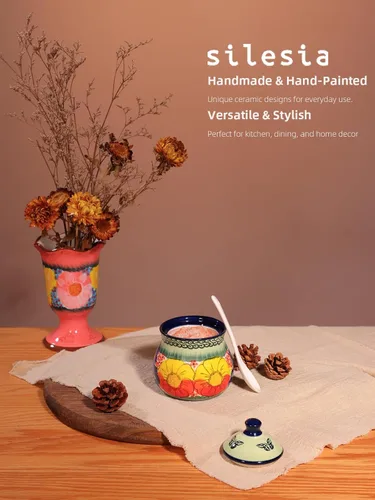 Miniatura 5 de Azucarero hecho a mano de Silesia con tapa y cuchara, jarra de azúcar de cerámica pintada a mano de 9 onzas para el hogar en caja de regalo