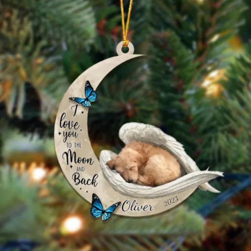 Miniatura 20 de Adorno colgante personalizado de ángel durmiendo en la luna, perro sabueso afgano, nombre personalizado, acrílico impreso en 2D plano – cumpleaños