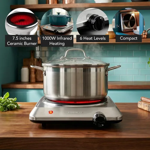 Miniatura 2 de OVENTE Quemador individual infrarrojo para encimera, placa eléctrica de 1000 W con placa de cocina de vidrio cerámico de 7.5 pulgadas, ajuste
