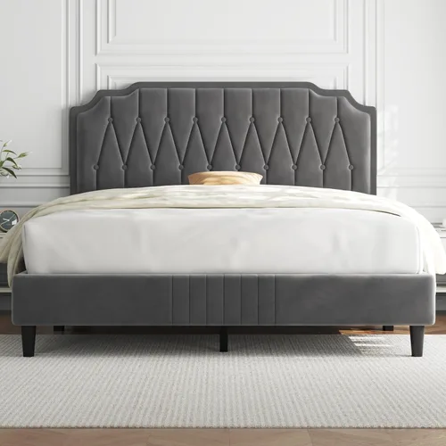 Yaheetech - Base de cama tamaño Queen con plataforma tapizada en terciopelo y cabecero curvo, cabecero ajustable en altura/sin ruido/soporte de