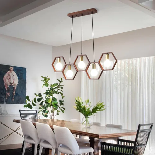 Miniatura 3 de Iluminación industrial de isla de cocina de 5 luces, lámparas rústicas para comedor, lámpara de granja, lámpara colgante de techo de madera