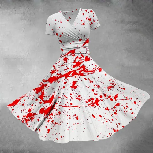 Miniatura 3 de CRNTCEM Vestido de Halloween acampanado para mujer, para carnaval, talla grande, estampado de salpicaduras de sangre roja aterradora, cuello en V