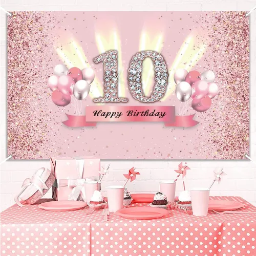 Miniatura 4 de Decoraciones de cumpleaños número 10 para niñas, cartel de fondo de feliz cumpleaños número 10, cartel de tela para fiesta de 10 años de edad