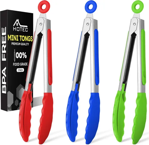 Miniatura 22 de Hotec Pinzas de cocina de silicona para cocinar, pinzas pequeñas de 7 pulgadas con puntas de silicona, juego de 3 (azul)