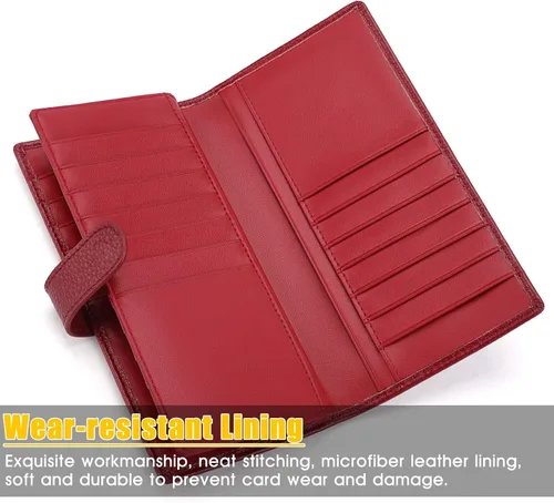 Miniatura 3 de Cartera de piel auténtica para mujer con bloqueo RFID, Rojo oscuro, Plegar y Negocios