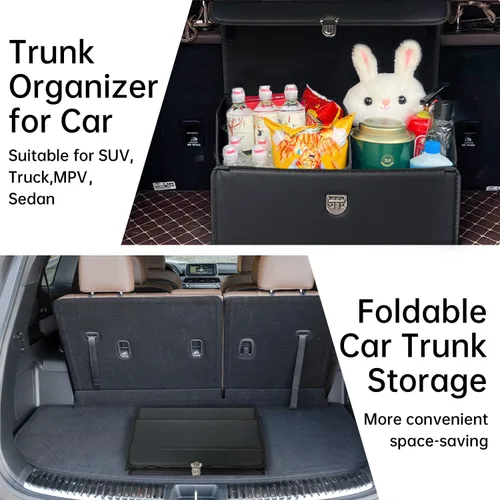 Miniatura 8 de Organizador de maletero Wuatow para coche, organizador de maletero para SUV y sedán, con tapa, multifuncional, caja de almacenamiento de carga Negro