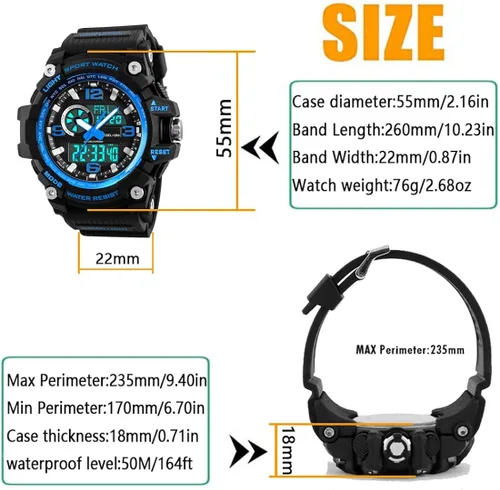 Miniatura 8 de Reloj deportivo analógico digital LED 50M impermeable para hombre reloj deportivo al aire libre militar multifunción casual doble pantalla de 12