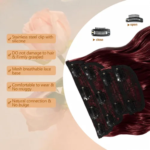 Miniatura 5 de Burgundy Clip in Hair Extensions, 4 PCS Natural Soft Long Wavy Clip on Synthetic Hair Hairpieces Curly 20Inch Curly Thick Hair 11 Clips