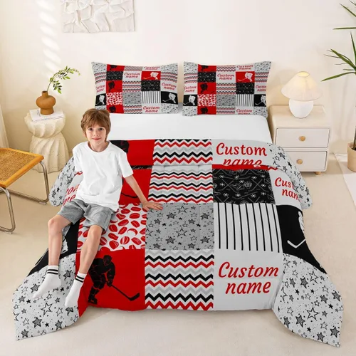 Miniatura 69 de Juego de edredón de softbol personalizado, juego de ropa de cama de retazos a cuadros para niños y niños, edredón de bate de béisbol, juego