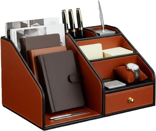 Miniatura 10 de KINGFOM Organizador de escritorio de piel sintética, organizador de escritorio multifunción con 6 compartimentos y accesorios para suministros