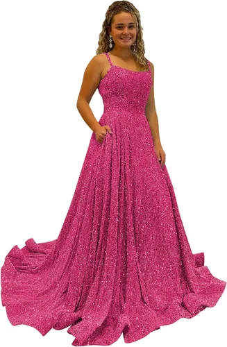 Raseal Una línea de cuello cuadrado lentejuelas vestido de fiesta brillante correas espagueti vestidos largos con bolsillos RS025