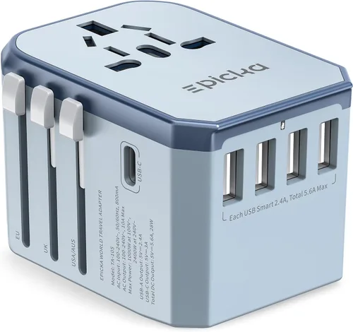 EPICKA Adaptador de enchufe de viaje europeo, adaptador universal de viaje, adaptador de corriente internacional cargador mundial con USB-C y 4