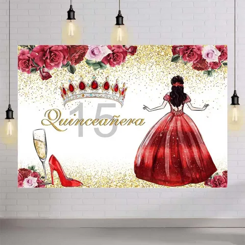 Miniatura 4 de AIBIIN Telón de fondo de quinceañera de cumpleaños número 15 para niñas, fondo de fotografía floral rojo, corona de princesa, tacones altos