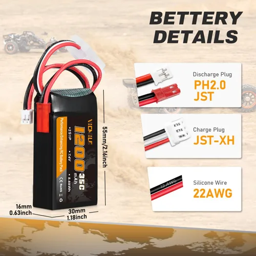 Miniatura 3 de Batería SCX24 7.4V 1200mAh Lipo Batería 2S 35C (Burst 70C) con PH2.0 JST Plug Fit para SCX24 RC Car WLtoys A949 A959 A969 A979 K929 y la mayoría