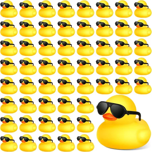 150 mini patos de goma amarillos a granel con 150 lentes de sol, regalos de pato de Navidad, pequeños juguetes de baño, flotadores, juguetes a
