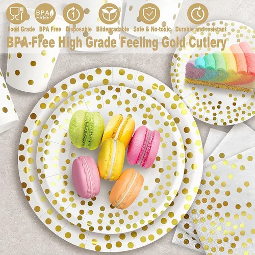 Miniatura 3 de AIRE 175 piezas de suministros de fiesta blanco y dorado, juego de vajilla desechable resistente que sirve para 25, platos de papel, tenedores