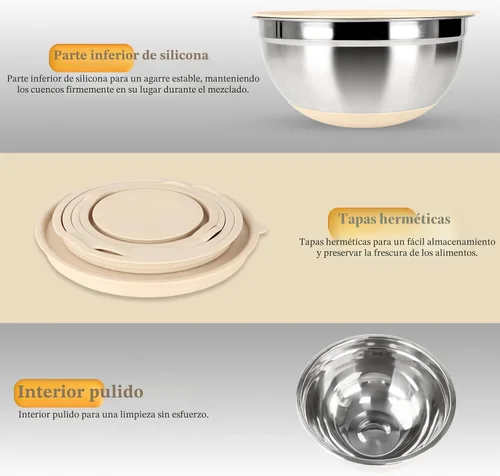 Miniatura 5 de Juego de tazones para mezclar con tapas herméticas, juego de 20 utensilios de cocina, 6 cuencos de acero inoxidable, 3 accesorios para rallar, parte