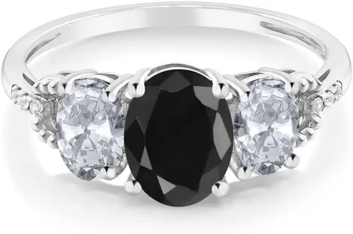 Miniatura 3 de Anillo de compromiso ovalado de oro blanco de 10 quilates con piedra natal y topacio blanco de 3 piedras con detalles de diamante Centro de 0.315