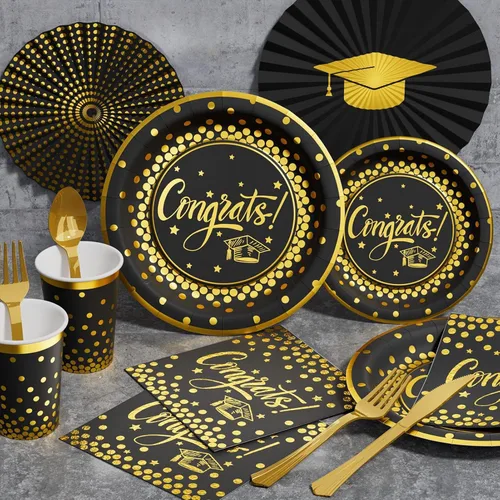 Miniatura 3 de Decoraciones de graduación 2026 – 245 piezas de vajilla desechable de grado (servir 25) y suministros para fiesta de graduación con plato de papel