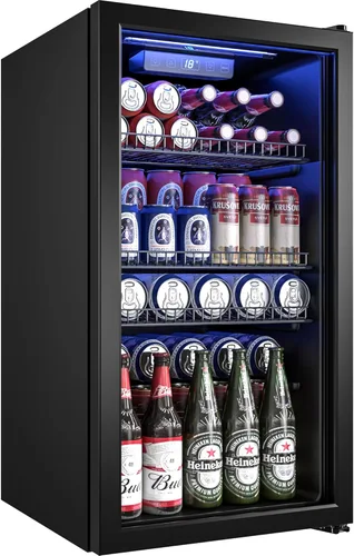 Miniatura 9 de Manastin - Refrigerador para bebidas enfriador independiente mini refrigerador con puerta de vidrio, estantes ajustables y pantalla digital de Negro