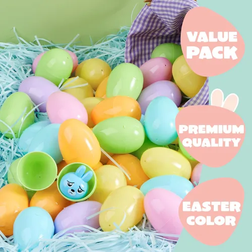 Miniatura 7 de JOYIN Huevos de Pascua pastel de 3.15 pulgadas, 100 huevos de plástico grandes, cáscaras de huevo rellenables de colores vacíos para búsqueda