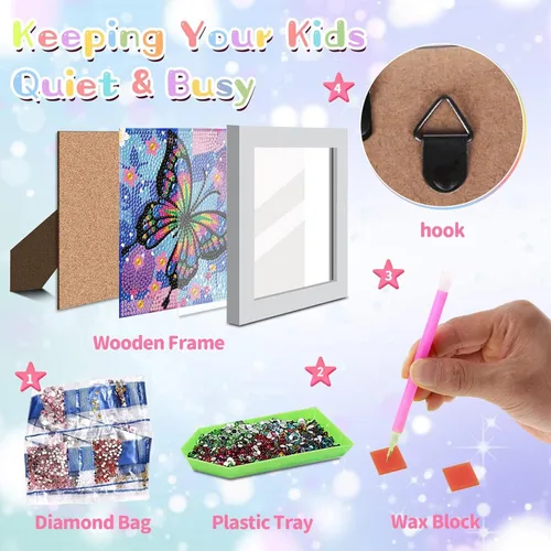 Miniatura 2 de xackcme Kits de pintura de diamantes de mariposa para niños con marco, arte de diamantes de mariposas para niños de 4 a 8 a 12 años, kit de pintura