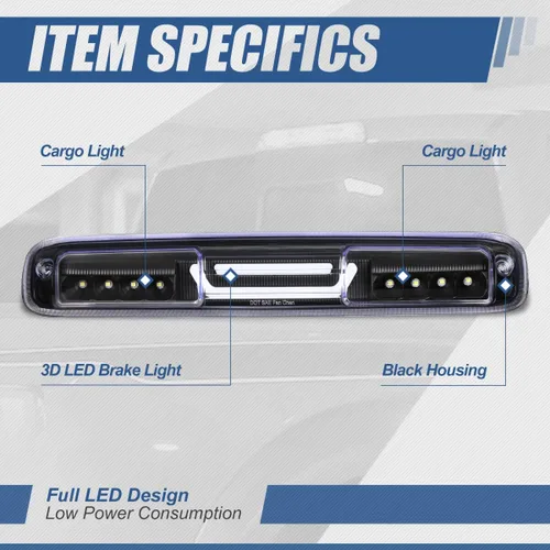Miniatura 2 de Auto Dynasty Barra LED 3D de montaje alto, luz de freno de tercera cola negra, lámpara de carga compatible con Chevy Silverado GMC Sierra 99-07