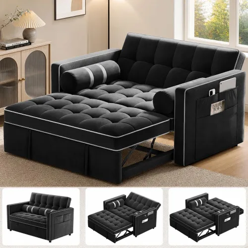 Pipishell Sofá cama 3 en 1, sofá cama extraíble para sala de estar con puertos USB y bolsillos laterales, respaldo ajustable, sofá biplaza