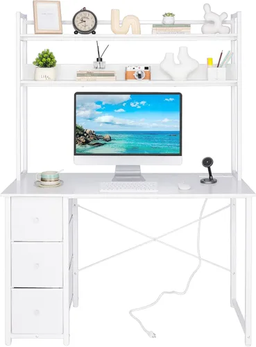 Miniatura 12 de Aquzee Escritorio para computadora con cajones, escritorio de 40 pulgadas con gabinete, escritorio para computadora con almacenamiento, tomas